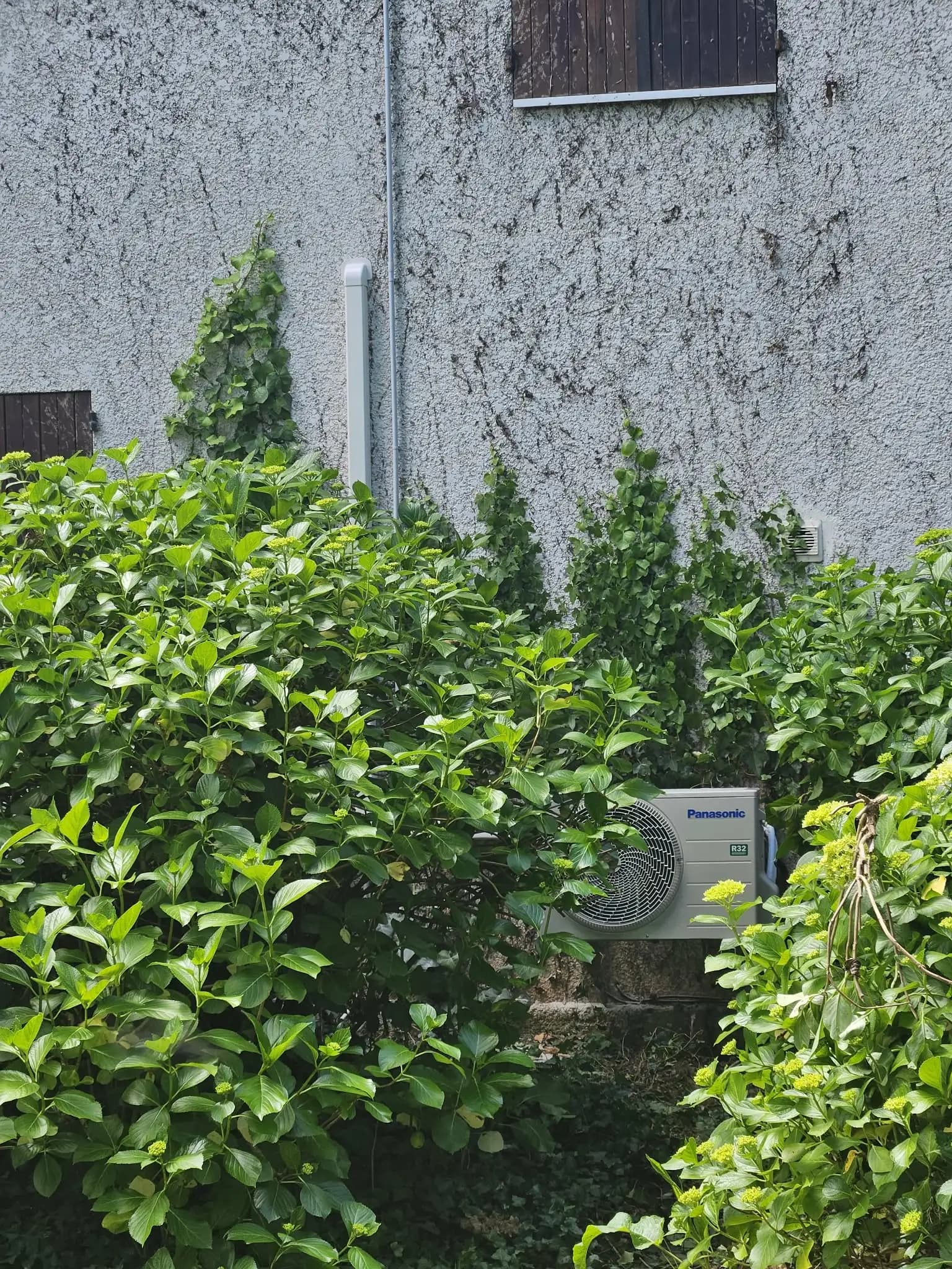 Unité extérieure Panasonic installée discrètement dans la végétation